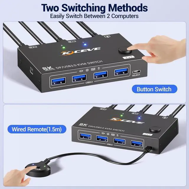 Alt view image 3 of 7 - IHDAPP Displayport KVM Switch 1 Monitors 2 Computers 8K@30Hz 4K@144Hz, USB3.0 DP KVM Switches for 2 Computers Sharing Single Monitor and Keyboard Mouse Printer,Wired Remote and 2 USB Cables Included