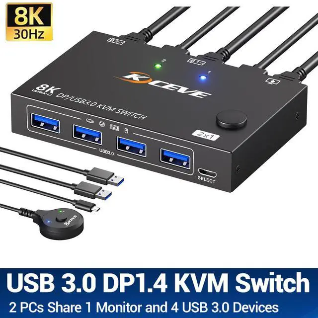 Main image of IHDAPP Displayport KVM Switch 1 Monitors 2 Computers 8K@30Hz 4K@144Hz, USB3.0 DP KVM Switches for 2 Computers Sharing Single Monitor and Keyboard Mouse Printer,Wired Remote and 2 USB Cables Included
