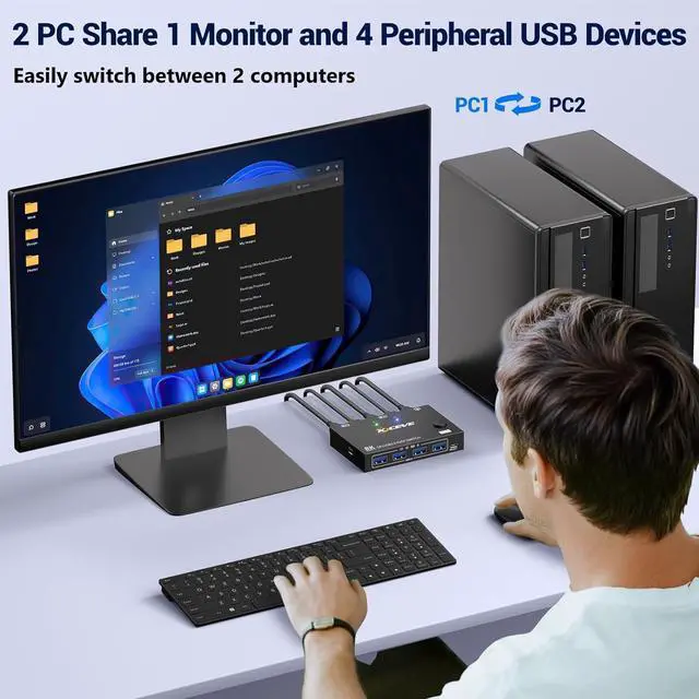 Alt view image 6 of 7 - IHDAPP Displayport KVM Switch 1 Monitors 2 Computers 8K@30Hz 4K@144Hz, USB3.0 DP KVM Switches for 2 Computers Sharing Single Monitor and Keyboard Mouse Printer,Wired Remote and 2 USB Cables Included