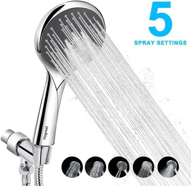 Main image of Hogreat Handheld Shower Head with Hose, 5 Settings High Pressure Hand Shower Sprayer, Adjustable Swivel Ball Holder, 60" Stainless Steel Hose, Easy to Install, No Leaking, Chrome