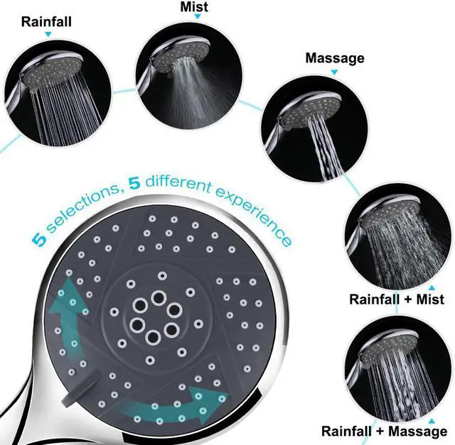Alt view image 2 of 4 - Hogreat Handheld Shower Head with Hose, 5 Settings High Pressure Hand Shower Sprayer, Adjustable Swivel Ball Holder, 60" Stainless Steel Hose, Easy to Install, No Leaking, Chrome