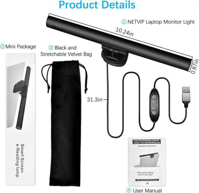 Alt view image 7 of 7 - Laptop Monitor Lamp Screen Monitor Light Bar, Aigital E-Reading LED Task Lamp with No Glare on Screen, USB Powered Monitor Lamp for Home/Office/Travel, 3 Color Temperature,10 Dimming Brightness Levels