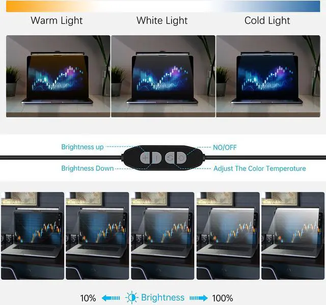 Alt view image 4 of 7 - Laptop Monitor Lamp Screen Monitor Light Bar, Aigital E-Reading LED Task Lamp with No Glare on Screen, USB Powered Monitor Lamp for Home/Office/Travel, 3 Color Temperature,10 Dimming Brightness Levels
