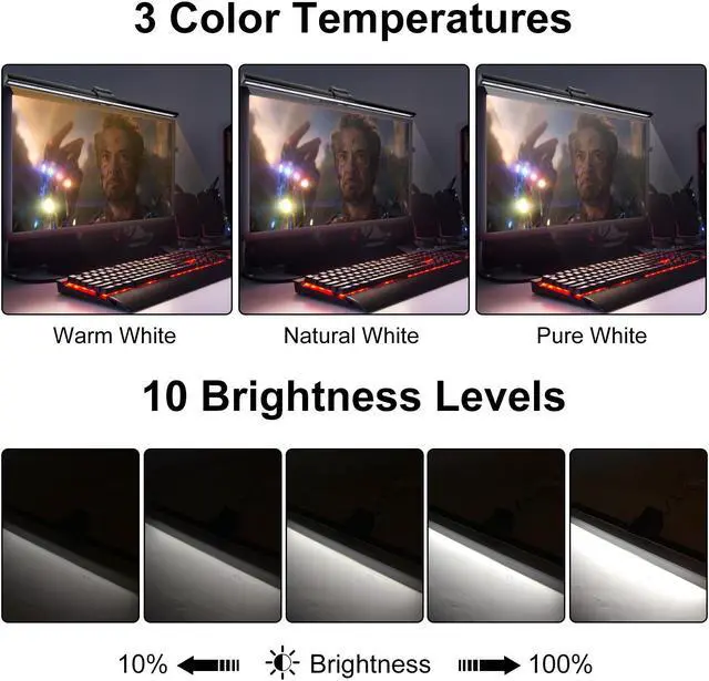 Alt view image 3 of 7 - Computer Monitor Light Bar, NETVIP Screenbar E-Reading LED Monitor Lamp for Eye Caring, USB Powered Screen Light for Desk/Office/Home, 3 Lighting Modes with 10 Brightness Levels, No Screen Glare