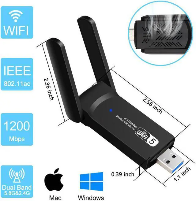 Alt view image 5 of 7 - WiFi Adapter, Aigital 1200Mbps Dual Band 5G/2.4G Wireless Network Adapter, USB 3.0 MU-MIMO WiFi Dongle with High Gain Antennas for Desktop PC, Supports Windows/Mac OS X