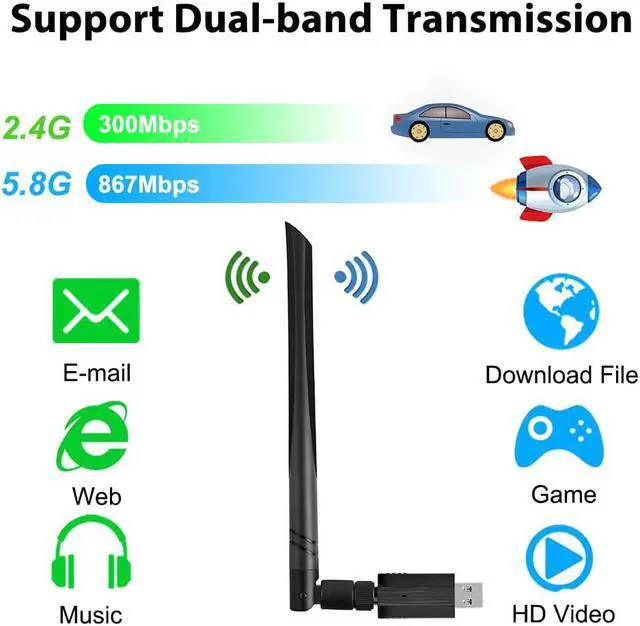 Alt view image 2 of 7 - AC1200 USB WiFi Adapter, Dual Band 5.8GHz/2.4GHz USB 3.0 WiFi Dongle Wireless Network Adapter with 5dBi High Gain Antenna for Desktop/Laptop, Supports Win 10/8.1/8/7/XP/Vista/Mac OS 10.9-10.15