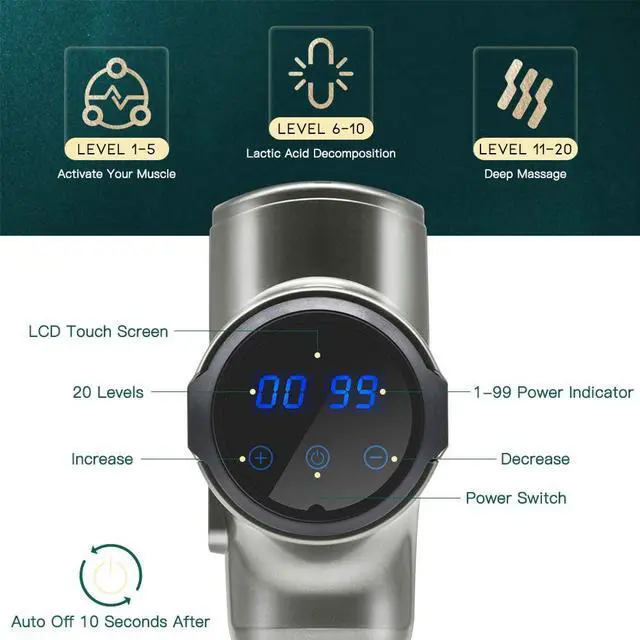 Alt view image 4 of 7 - Massage Gun for Athletes, TROPRO Handheld Electric Percussion Deep Tissue Body Muscle Massager Gun for Pain Relief with LCD Touch Screen, 20 Speed Levels, 4-6 Hours Running Time, 8 Massage Heads