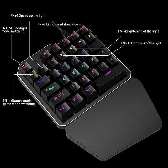 Alt view image 4 of 6 - TROPRO One Handed Mechanical Gaming Keyboard , Mechanical Portable RGB LED Backlit Game Keyboard with Keypad for LOL/PUBG/Wow/Dota/OW/Fps Game, Blue Switches, 35 Keys