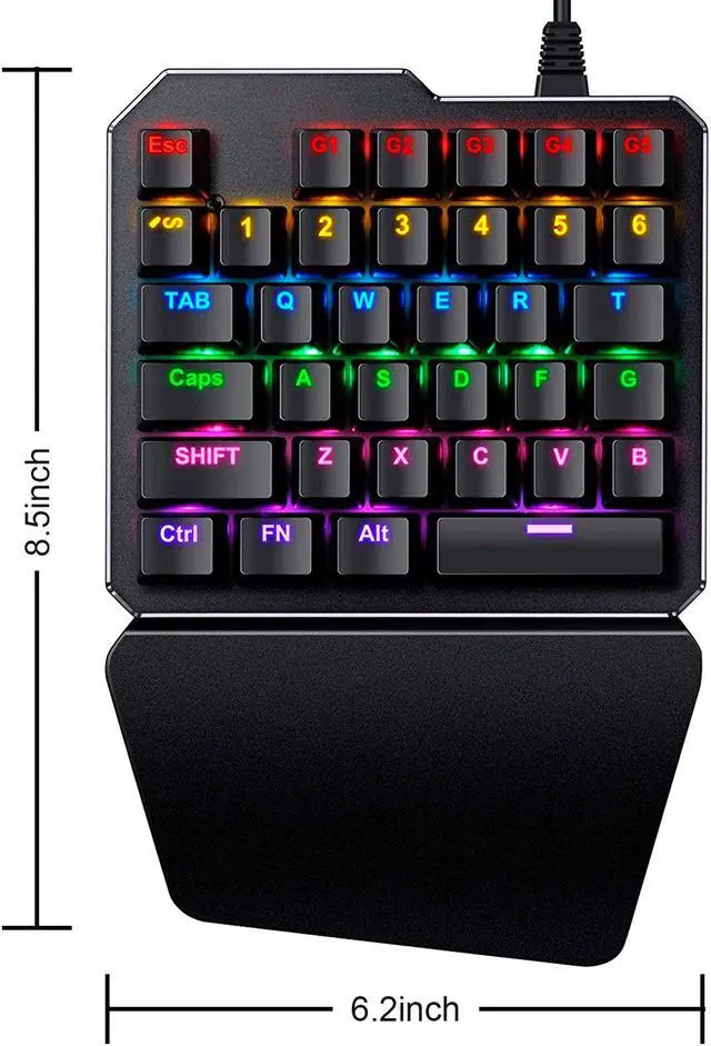 Alt view image 6 of 6 - TROPRO One Handed Mechanical Gaming Keyboard , Mechanical Portable RGB LED Backlit Game Keyboard with Keypad for LOL/PUBG/Wow/Dota/OW/Fps Game, Blue Switches, 35 Keys