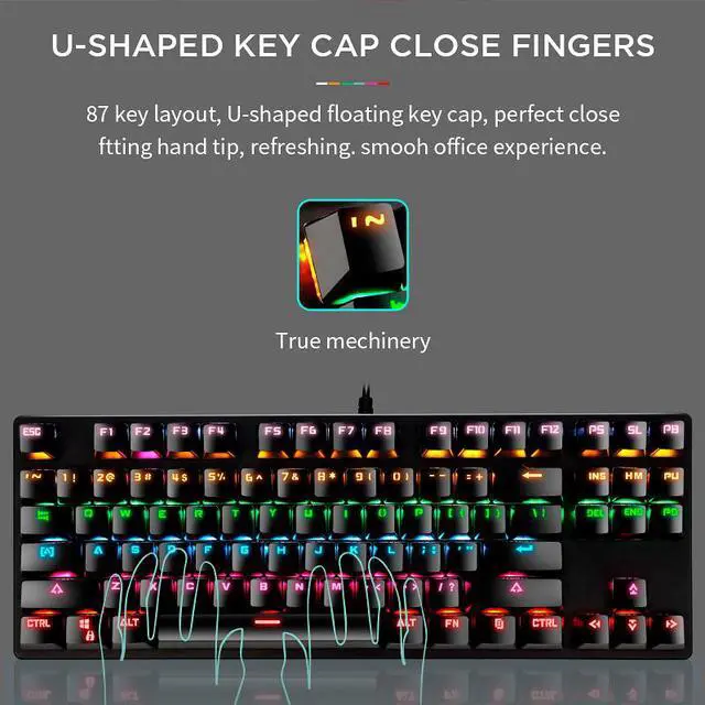 Alt view image 3 of 7 - TROPRO Mechanical Keyboard 87 Keys Small Compact Multicolour LED Backlit  Wired USB Gaming Keyboard with Blue Switches, Metal Construction, Water Resistant for Windows PC Laptop game