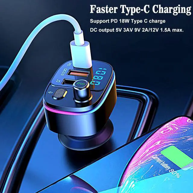 Alt view image 4 of 7 - Bluetooth 5.0 FM Transmitter for Car, QC3.0+Type-C PD 20W Car Charger, Wireless FM Radio Bass Sound Music Player, Car Kit with Hands-Free Calls, Support U Disk,7 Colors LED Backlit