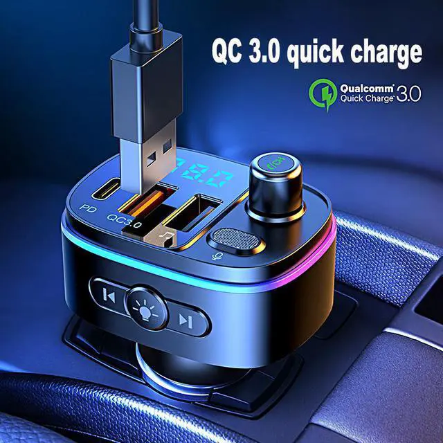 Alt view image 5 of 7 - Bluetooth 5.0 FM Transmitter for Car, QC3.0+Type-C PD 20W Car Charger, Wireless FM Radio Bass Sound Music Player, Car Kit with Hands-Free Calls, Support U Disk,7 Colors LED Backlit