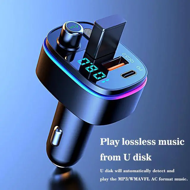 Alt view image 6 of 7 - Bluetooth 5.0 FM Transmitter for Car, QC3.0+Type-C PD 20W Car Charger, Wireless FM Radio Bass Sound Music Player, Car Kit with Hands-Free Calls, Support U Disk,7 Colors LED Backlit