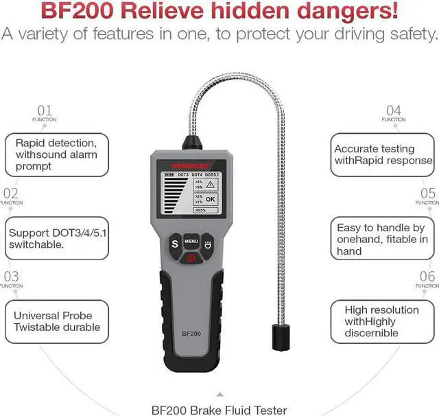 Alt view image 5 of 7 - TROPRO Brake Fluid Tester, High Precision Car Brake Fluid Detector, Hydraulic Fluid/Liquid/Oil Moisture Analyzer with LCD Screen Audible Alarm DOT3 DOT4 DOT5.1 Tester