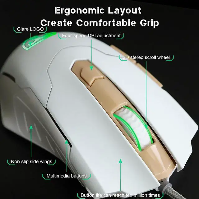 Alt view image 5 of 7 - TROPRO Gaming Mouse Wired Breathing Light Ergonomic Game USB Computer Mice Multicolor Gamer Desktop Laptop PC Gaming Mouse, 6 Buttons for Windows 7/8/10/XP Vista Linux, White