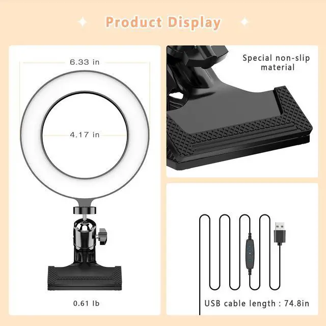 Alt view image 7 of 7 - 6.3'' Clip-on Ring Light , Selfie Ring Light for TikTok, YouTube Videos, Makeup, and Zooms, Led Ring Lamp with 3 Light Modes & 10 Brightness Level