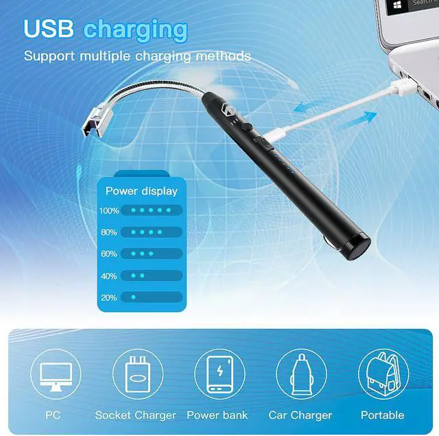 Alt view image 5 of 7 - Candle Lighter, TROPRO Electric Arc USB Lighter with Power Indicator, Rechargeable Flameless Portable Windproof Plasma Lighters Long, Triple Safety, Aluminum Case & Hanging Hook (Gloss Black)