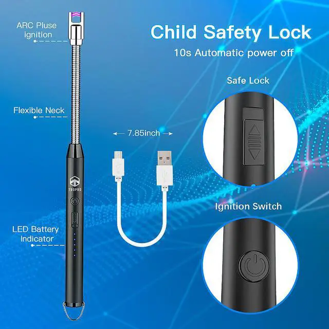 Alt view image 4 of 7 - Candle Lighter, TROPRO Electric Arc USB Lighter with Power Indicator, Rechargeable Flameless Portable Windproof Plasma Lighters Long, Triple Safety, Aluminum Case & Hanging Hook (Gloss Black)