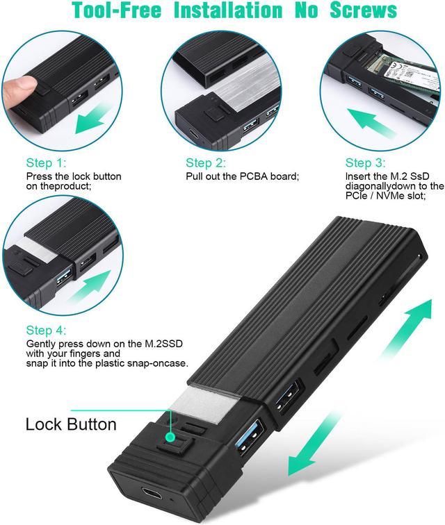 M.2 NVMe SSD Enclosure Adapter Tool-Free, USB 3.2 Gen 2 10Gbps HDD Adapter  MKey(B+M Key) SSD Reader, with 2 Port USB Type-A and SD/TF Cardread