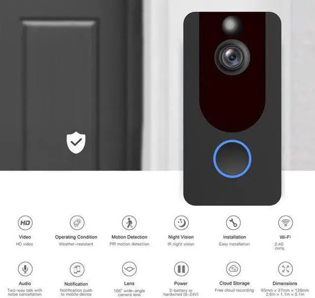 Alt view image 4 of 7 - Wireless Doorbell Camera 1080P Video Doorbell Camera WiFi Home Security Doorbell with Chime, PIR Motion Detection, 2-Way Audio, Night Vision, Cloud Storage, 166° Wide Angle, IP65 Weatherproof