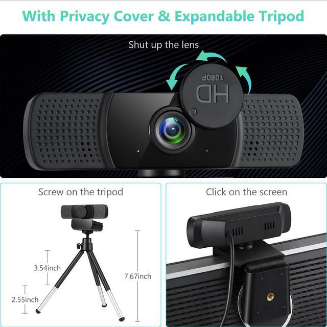 Alt view image 8 of 7 - TROPRO Tw8 Webcam with Microphone, 1080P Full HD Computer Camera for PC with Cover, Expandable Tripod, USB Web Camera with Cover for Video Calls, Streaming, Skype, Zoom, Teleconference