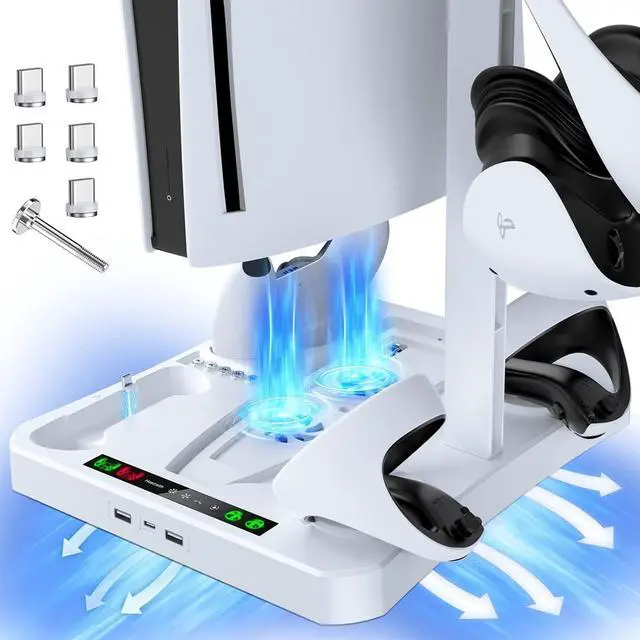 Alt view image 2 of 7 - Fast Charging Stand for PSVR 2 & PS5 Console, [5 in 1] Stand with Cooling Fan, Dual Controller Magnetic Charging Port for PSVR 2 & PS5, Charging Indicator Light, Storage Stand Perfect for PSVR 2 & PS5