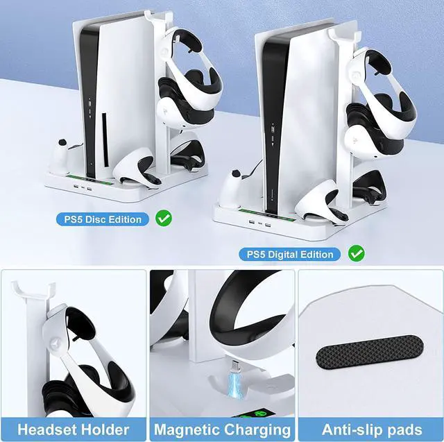 Alt view image 7 of 7 - Fast Charging Stand for PSVR 2 & PS5 Console, [5 in 1] Stand with Cooling Fan, Dual Controller Magnetic Charging Port for PSVR 2 & PS5, Charging Indicator Light, Storage Stand Perfect for PSVR 2 & PS5