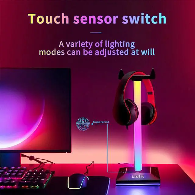 Alt view image 4 of 7 - RGB Gaming Headphone Stand Dual USB Port Touch Control Desk Gaming Headset Holder