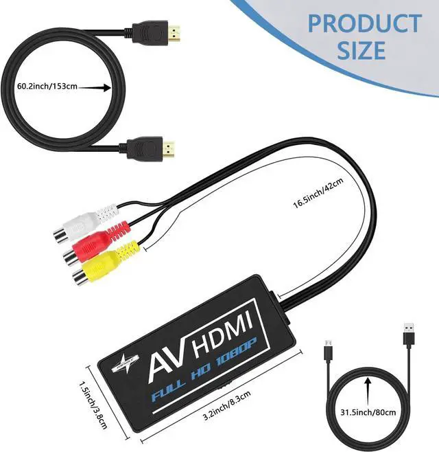 Alt view image 2 of 6 - PORTHOLIC RCA to HDMI Converter, Composite to HDMI Converter, AV to HDMI Adapter Support 1080P PAL/NTSC with RCA & HDMI Cable, Compatible with PS one, PS2, PS3, STB, N64, Xbox, VHS, Blue-Ray DVD
