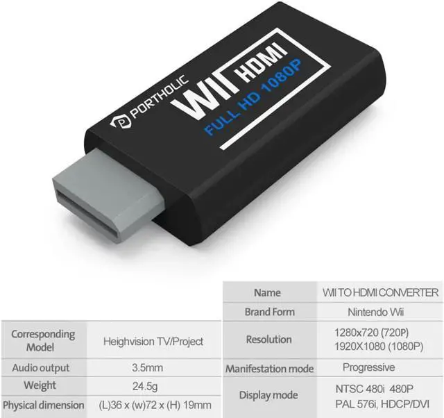 Alt view image 3 of 6 - PORTHOLIC Wii to HDMI Converter 1080P with 5ft High Speed HDMI Cable Wii2 HDMI Adapter Output Video&Audio with 3.5mm Jack Audio, Support All Wii Display 720P, NTSC, Compatible with Full HD Devic