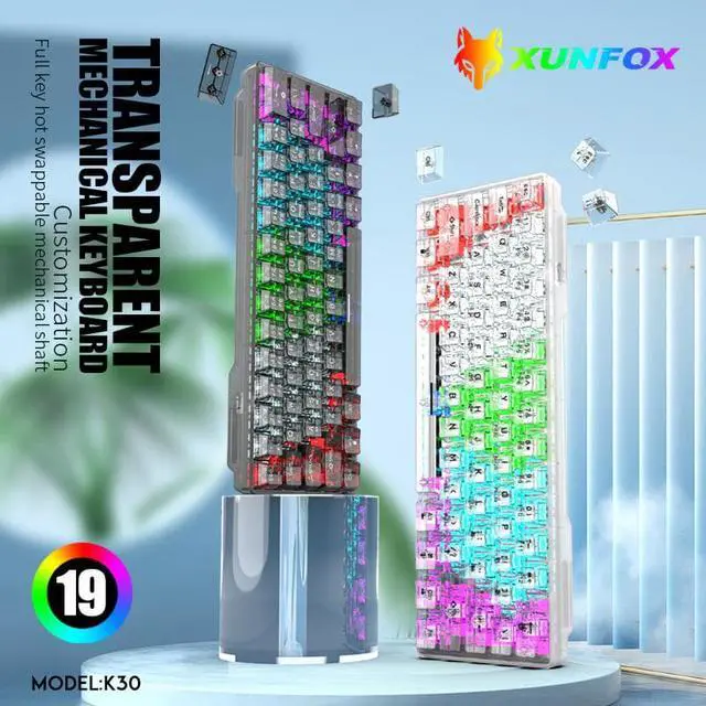 Alt view image 6 of 6 - Hot Swappable Transparent Mechanical Keyboard, 60% Transparent Gasket Mounted RGB Backlit Wired Gaming Keyboard 61 Keys