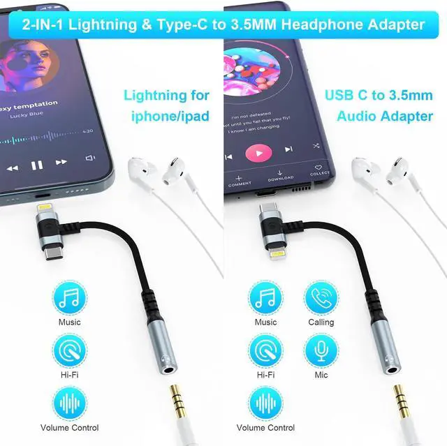 Alt view image 2 of 7 - Lightning & USB-C to 3.5 mm Headphone Jack Adapter 2-IN-1 Headphone Adapter for iPhone Type C to 3.5mm Female Headphone Jack Adapter for ipad/iPhone 14/13/12/11/8/7/Samsung Galaxy/Pixel-MFI Certified