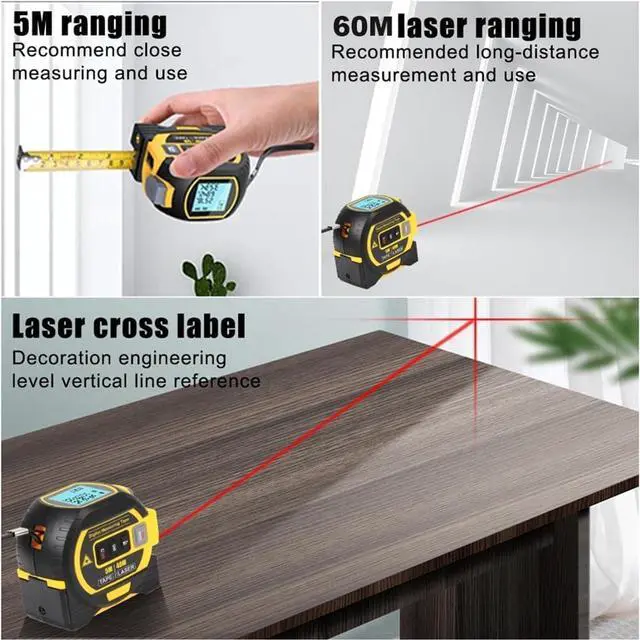 Alt view image 3 of 7 - 3-in-1 Digital Laser Measuring Tape, Rebanb Tape, 40/60m Digital Measuring Sight, Handheld Electronic Digital Tape Measure with LED Display
