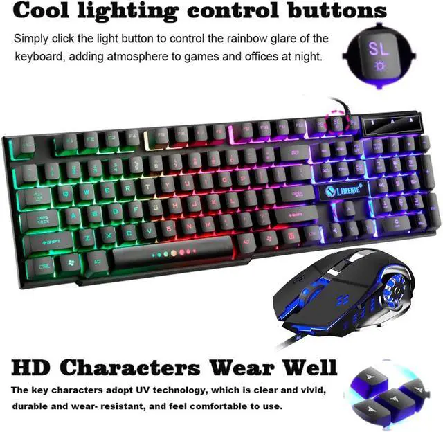 Alt view image 3 of 6 - TROPRO GTX300 RGB Gaming Keyboard and Colorful Mouse Combo, USB Wired LED Backlight Gaming Mouse and Keyboard for Laptop PC Computer Gaming and Work, Letter Glow, Mechanical Feeling