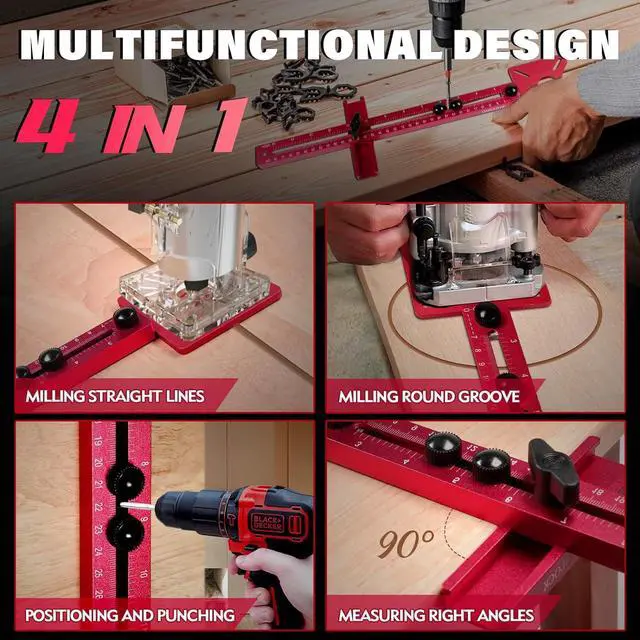 Alt view image 4 of 6 - 4 in 1 Router Milling Groove Bracket, Sigerio Aluminum Alloy Router Circle Cutting Jig, Multifunctional Cabinet Hardware Jig and Router Guide, Adjustable Router Jig Tool for Woodworking