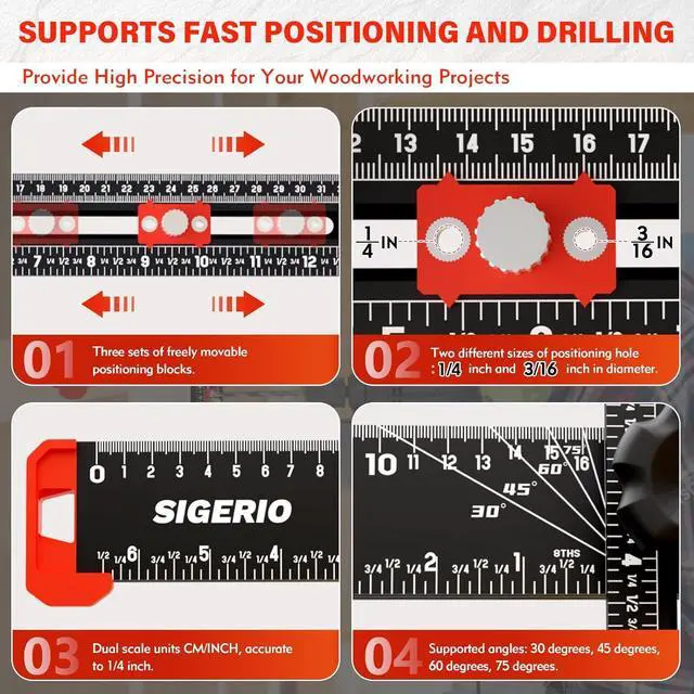 Alt view image 5 of 7 - 4 in 1 Drilling Positioning Ruler, Sigerio Aluminum Alloy T Square Ruler, Multi Angle Measuring Ruler, Cabinet Handle Template Tool for Installation of Handles, Cabinet Hardware Jig for Woodworking