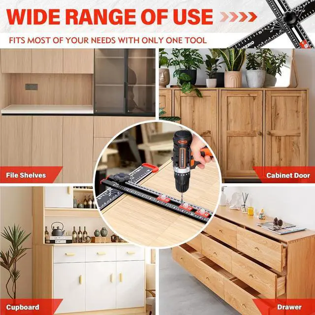 Alt view image 7 of 7 - 4 in 1 Drilling Positioning Ruler, Sigerio Aluminum Alloy T Square Ruler, Multi Angle Measuring Ruler, Cabinet Handle Template Tool for Installation of Handles, Cabinet Hardware Jig for Woodworking