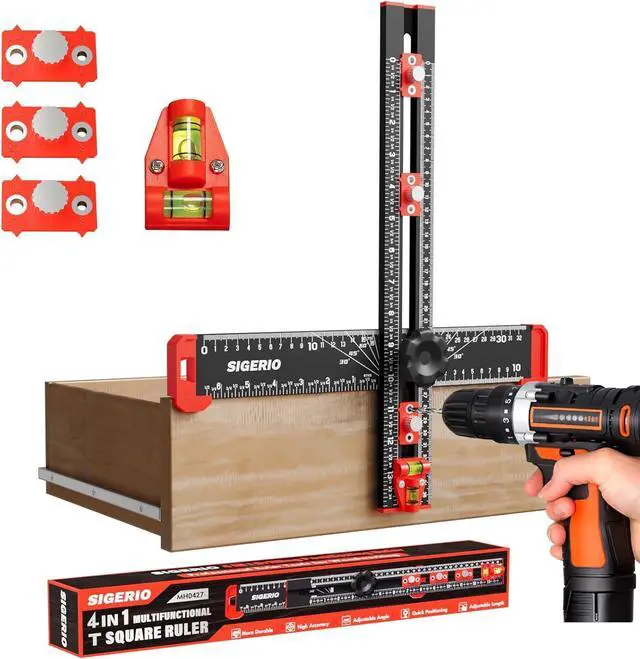 Main image of 4 in 1 Drilling Positioning Ruler, Sigerio Aluminum Alloy T Square Ruler, Multi Angle Measuring Ruler, Cabinet Handle Template Tool for Installation of Handles, Cabinet Hardware Jig for Woodworking