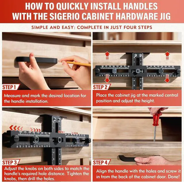 Alt view image 5 of 7 - Cabinet Hardware Jig, Sigerio Aluminum Alloy Cabinet Jig for Handles and Pulls on Drawers and Cabinets, Adjustable Cabinet Handle Template Woodworking Tool for Knobs and Handles Installation