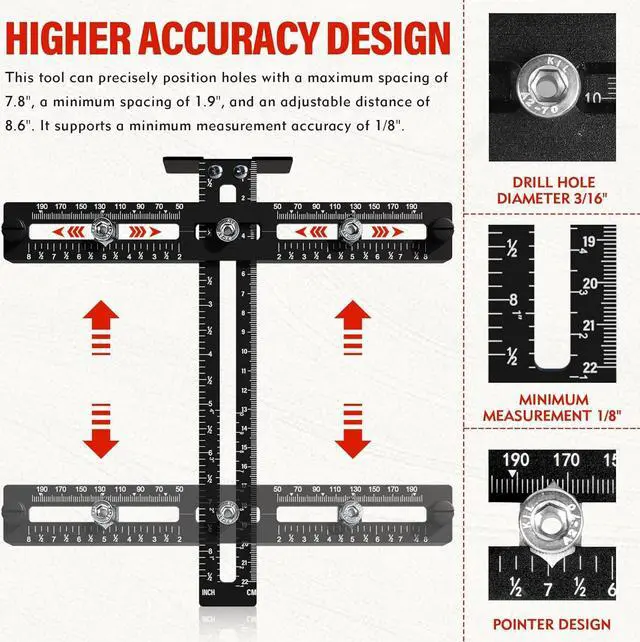 Alt view image 3 of 7 - Cabinet Hardware Jig, Sigerio Aluminum Alloy Cabinet Jig for Handles and Pulls on Drawers and Cabinets, Adjustable Cabinet Handle Template Woodworking Tool for Knobs and Handles Installation