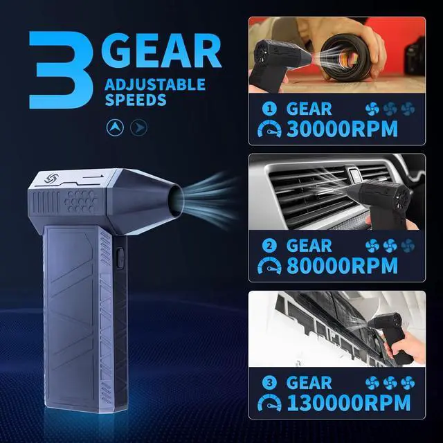 Alt view image 5 of 7 - Electric Air Duster, Compressed Air Cleaner for PC. 130000RPM Air Blower, 3-Speed Cordless Rechargeable Air Blaster Jet Fan for Laptop, Keyboard, Cars, Replaces Compressed Air Can