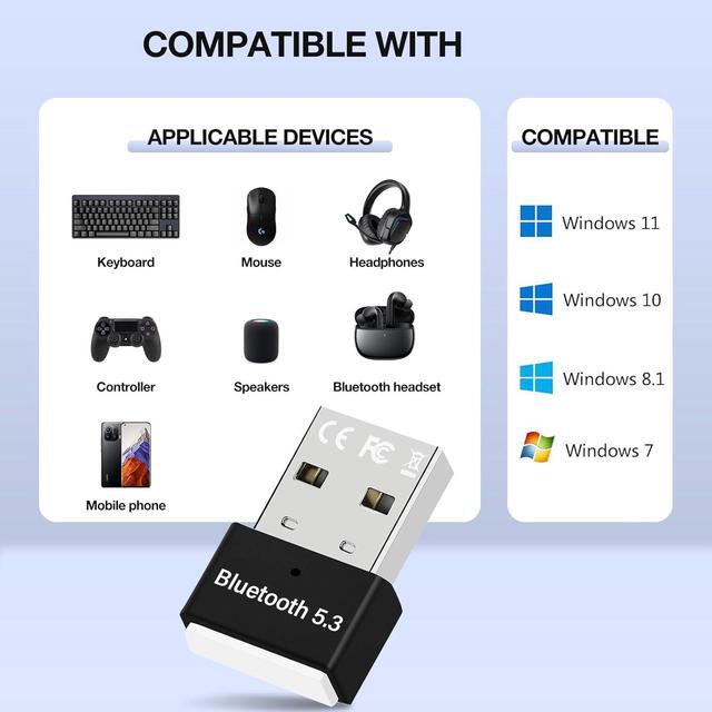 Alt view image 2 of 7 - USB Bluetooth 5.3 Adapter for PC Win11/10/8.1/8/7/XP/Vista, Bluetooth Dongle Receiver/Transmitter Support Multiple Device Connections: Headset, Mouse, Keyboard, Printer, Speaker