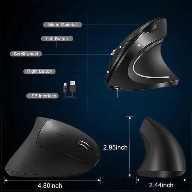 Alt view image 5 of 7 - Ergonomic Mouse, 2.4G Wireless Mouse Rechargeable, 6-Button Silent Mice with 3 Adjustable Levels DPI, USB Receiver, Cordless Computer Optical Device for Laptop, PC, Mac