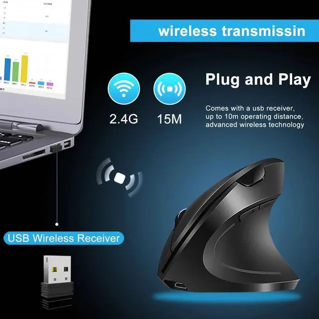 Alt view image 2 of 7 - Ergonomic Mouse, 2.4G Wireless Mouse Rechargeable, 6-Button Silent Mice with 3 Adjustable Levels DPI, USB Receiver, Cordless Computer Optical Device for Laptop, PC, Mac