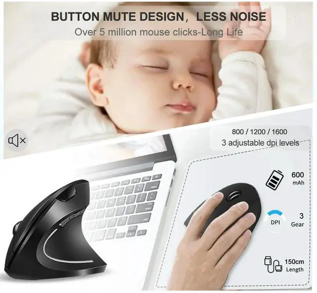 Alt view image 6 of 7 - Ergonomic Mouse, 2.4G Wireless Mouse Rechargeable, 6-Button Silent Mice with 3 Adjustable Levels DPI, USB Receiver, Cordless Computer Optical Device for Laptop, PC, Mac