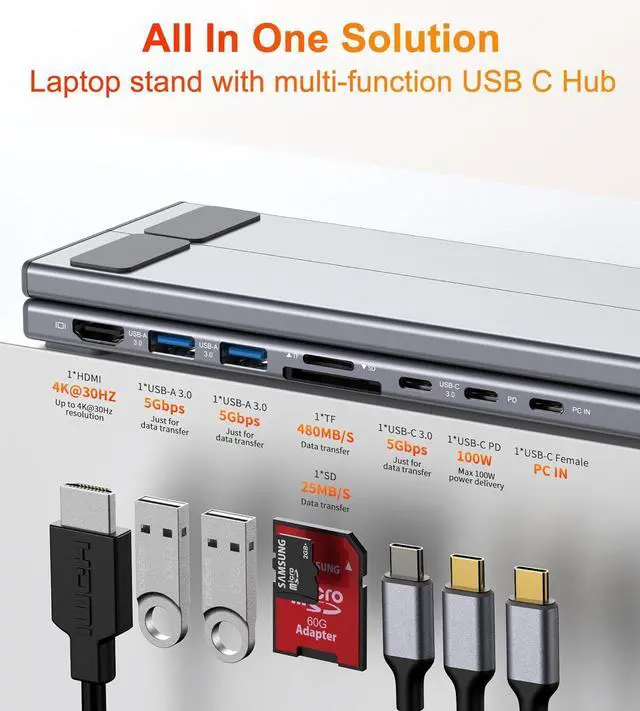 Alt view image 3 of 7 - USB C Laptop Docking Station Stand, USB C Dock Tablet Stand, 8 in 1 USB C Hub with 4K HDMI, 2 USB 3.0, PD 100W, Universal Dock Station for MacBook Pro/Air/Dell/HP/Surface/Lenovo, Plug and Play