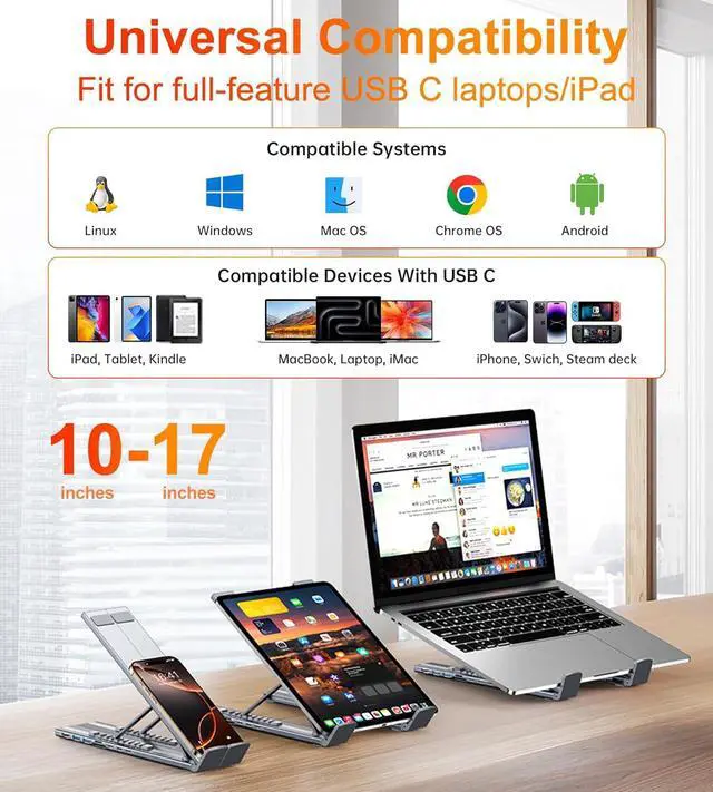 Alt view image 2 of 7 - USB C Laptop Docking Station Stand, USB C Dock Tablet Stand, 8 in 1 USB C Hub with 4K HDMI, 2 USB 3.0, PD 100W, Universal Dock Station for MacBook Pro/Air/Dell/HP/Surface/Lenovo, Plug and Play