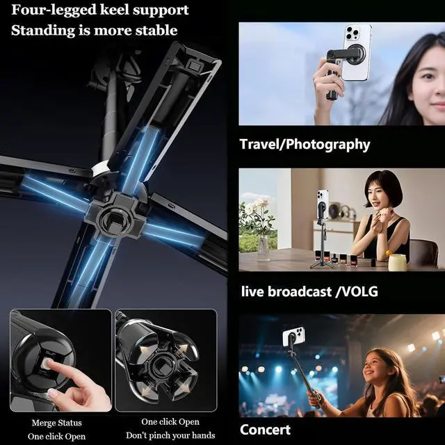 Alt view image 3 of 7 - 4-in-1 Multifunctional Magnetic Selfie Stick, 360°Rotation Phone Stand with Wireless Remote for iPhone & Android, Phone Tripod for Home, Travel, Vlogging & Video Recording