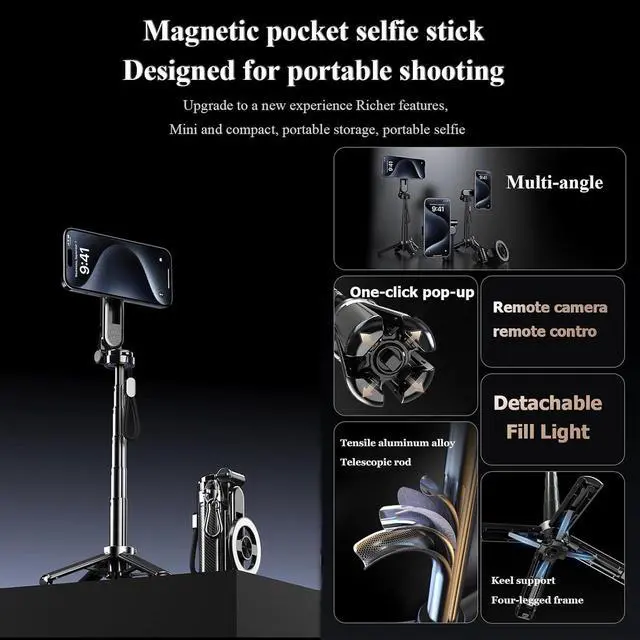 Alt view image 7 of 7 - 4-in-1 Multifunctional Magnetic Selfie Stick, 360°Rotation Phone Stand with Wireless Remote for iPhone & Android, Phone Tripod for Home, Travel, Vlogging & Video Recording
