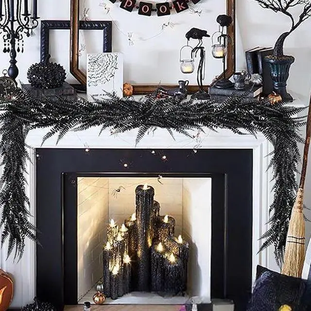 Alt view image 7 of 7 - Christmas Halloween Garland, Pine Garland 9ft Artificial Black Garland Realistic PE Decorative for Halloween Christmas Front Door Wall Mantel Fireplace Party Display